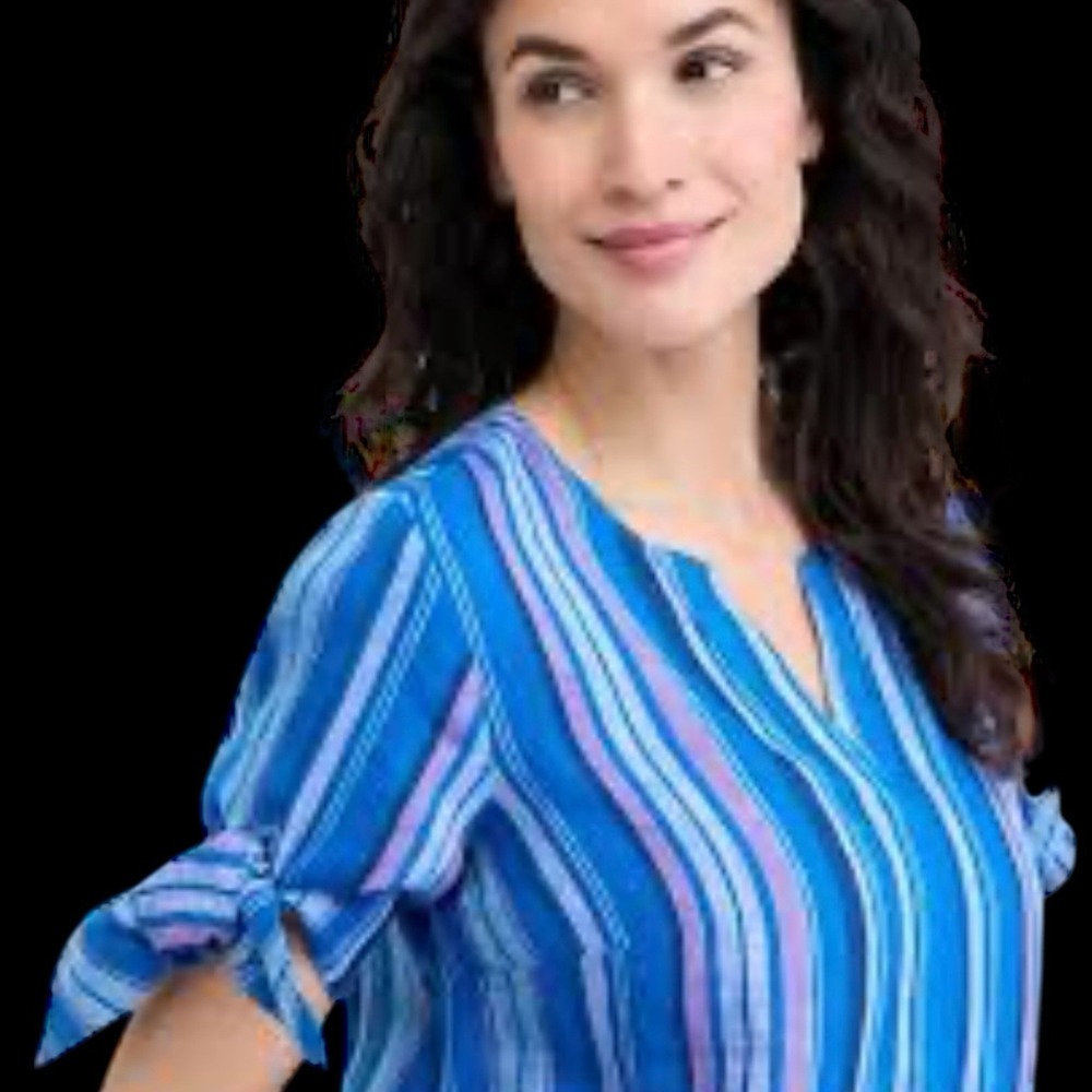 Charter Club Luxury 100% Linen Tie-Sleeve Blue Stripped Pullover Blouse L #456